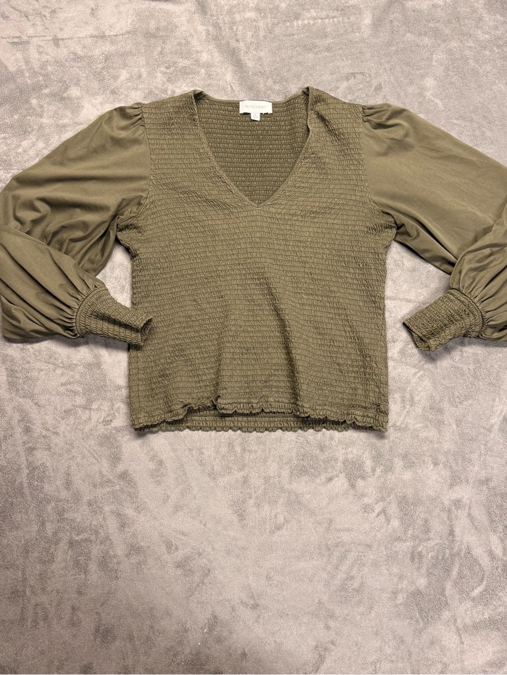 Smocked V-Neck Puff Sleeve Top - Olive